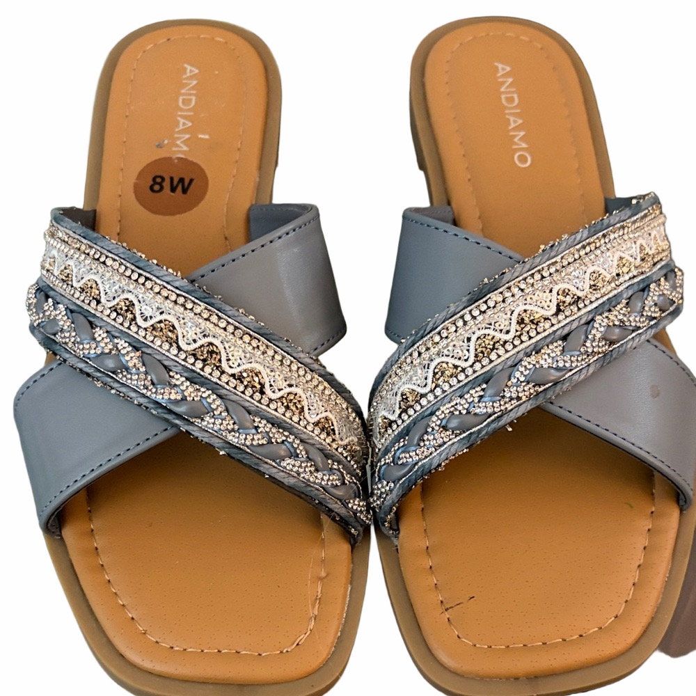 New no tags Andiamo Flat silver and blue 8W sandal.